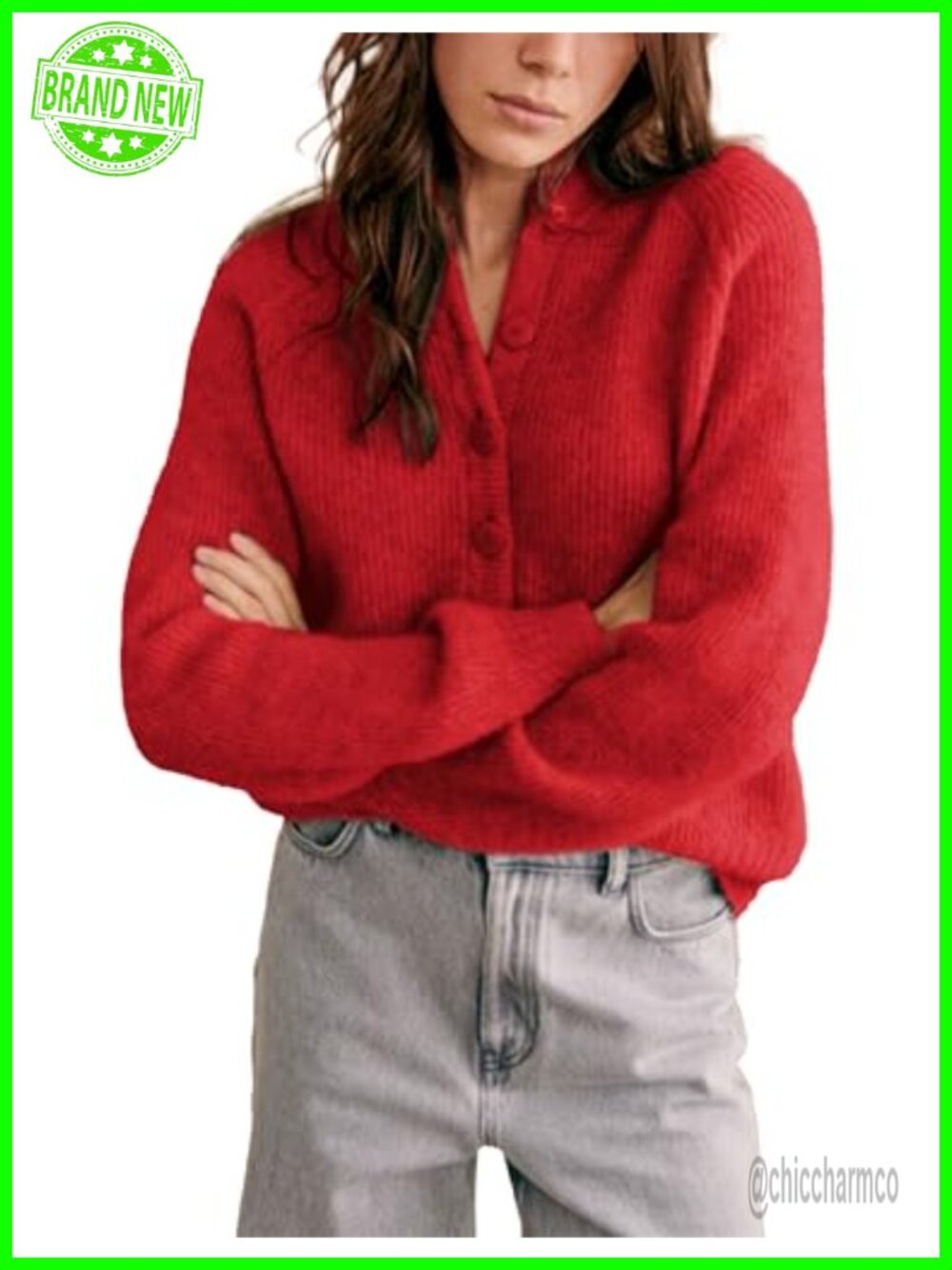 Womens Chunky Knit Button Down Cardigan Crewneck Long Sleeve Sweater